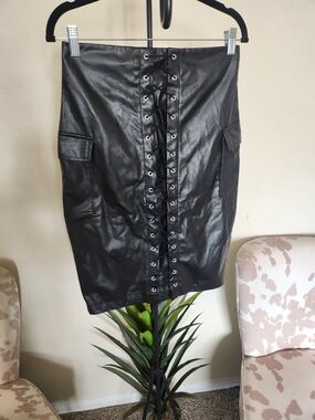 Jealous Tomato Black Faux Leather Lace-Up Pencil Skirt
